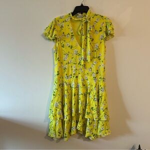 Alice & Olivia Moore Flutter Sleeve Tiered Mini Dress 6 Yellow Floral Ruffle